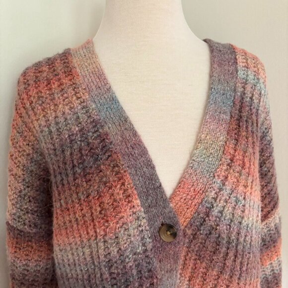 Sundance Northern Lights Cardigan L Pink Purple Wool Alpaca Stripe Chunky Rib - Picture 3 of 12